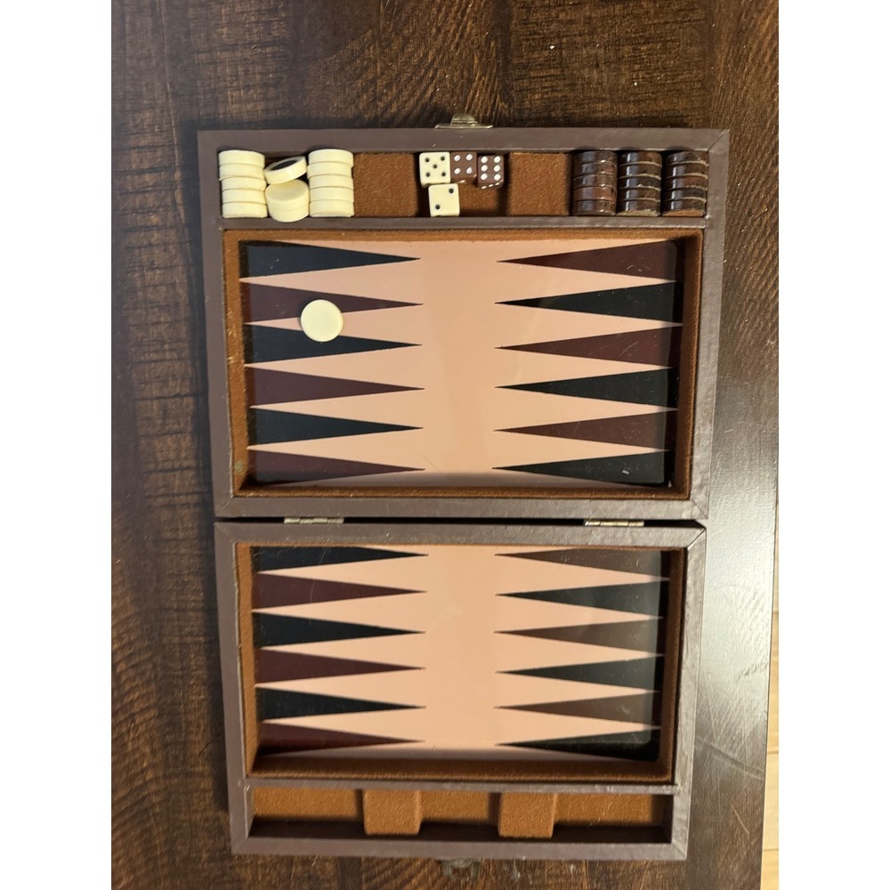 Vintage Magnetic Backgammon Set Brown Faux Leather Folding Travel Case Small b4a